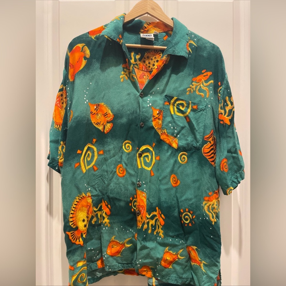 Vintage Men’s Jammin Colorful Fish Button Up Short Sleeve Shirt Size Large 90s